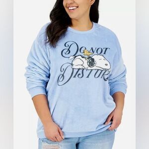 Peanuts Snoopy and Woodstock Do Not Disturb Blue Fuzzy Crew Neck Sweater XL